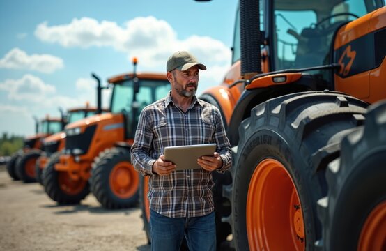 Man with tablet stands near tractors at dealership. He wears a cap and plaid shirt, checking farm equipment. Sunlight brightens the agricultural machinery lot.