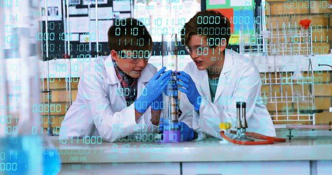 Two boys placing gloved hands, aligning apparatus, confirming lab setup under binary overlay