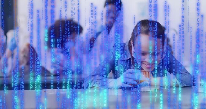 Girl leaning in examining specimen for science class, causing numbers overlay hiding then clearing