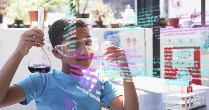 Curious boy holding two flasks in science lab, testing liquids as code overlay expanding