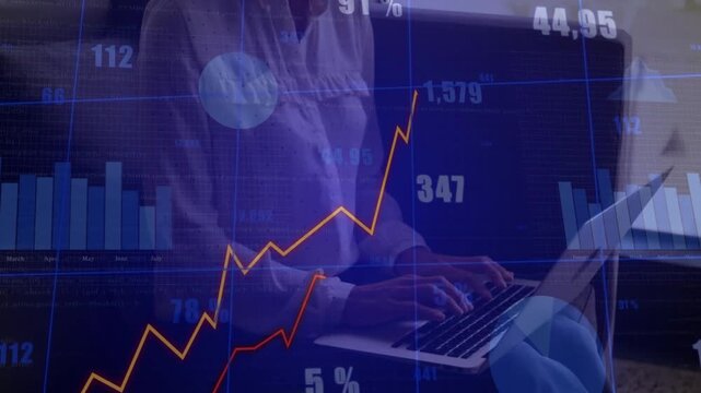 Translucent bar chart appearing, woman typing while line charts climbing to show market growth