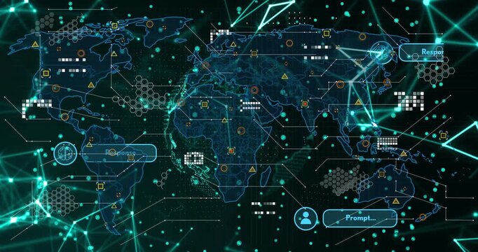 Holographic globe-map receiving data feed, adding hex clusters and linking nodes for analytics