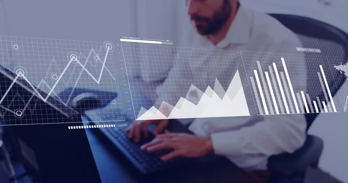 Man typing at keys and activating animated data overlays for insight, expanding charts and map
