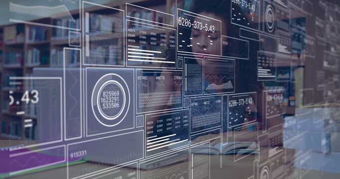 Vertical video: Woman turning page in library, starting HUD panels showing charts, codes for edtech