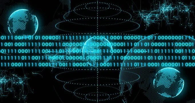 Binary ribbon sliding in, central dotted globes brightening and linking nodes visualizing tech data