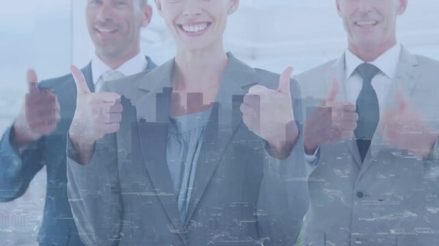 Vertical video: Camera pulling back, team in suits raising thumbs approving at windows skyline