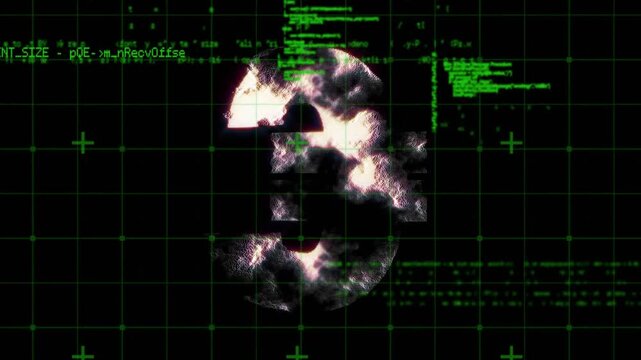 Vertical video: Green code sliding in and particle cloud appearing, forming numeral 3 for tech HUD