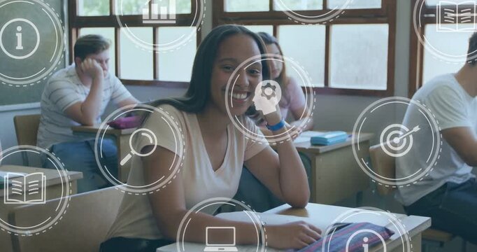 Vertical video: Teen pupil in school smiling moving while icons appearing passing face for learning