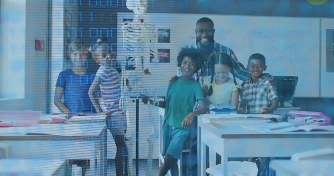 Teacher and students posing for class shot camera starting scan lines flashing over group skeleton