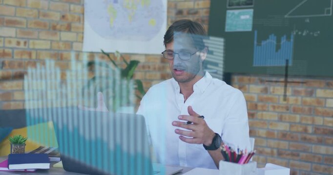 Analyst scrolling laptop in studio, generating and adjusting analytics bar, line and monthly charts