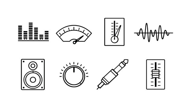 Sound monitoring and levels: audio equalizer bars, VU meter needle gauge, decibel meter, sound wave pulse, studio monitor speaker, audio interface knob, headphone jack plug, mixing