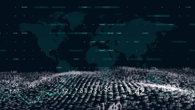 On playback starting, 3D data terrain shifting, labels floating, teal graph rising, showing trends
