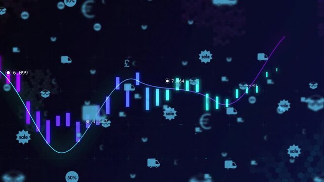 Chart timeline advancing bars shifting from purple to cyan showing finance trends with trucks