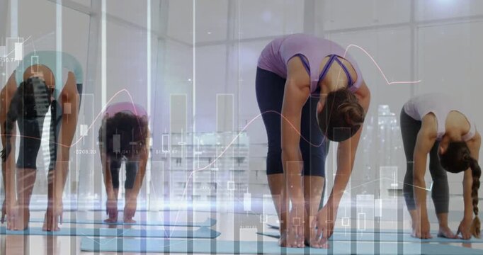 Five women on instructor cue bending into forward fold for fitness, financial charts overlaying
