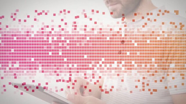 Mosaic bar sweeping center, revealing man holding tablet and tapping to demo app interface