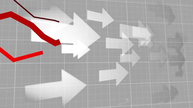 Thin red lines entering left pushing red zigzag crossing white arrows across grid showing finance