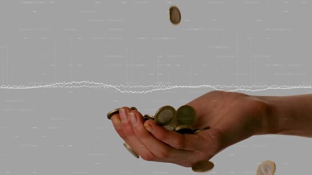 Female right hand receiving falling coins from above, visualizing finance flow with dotted waveform