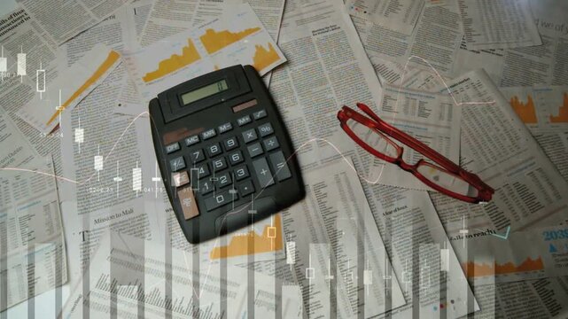 Vertical video: On frame shift, finance bars sweeping across calculator and glasses, showing trends