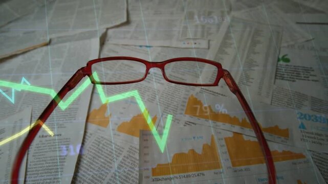 Neon graph sweeping sparking red specs settling on papers, lines weaving specs, showing market data