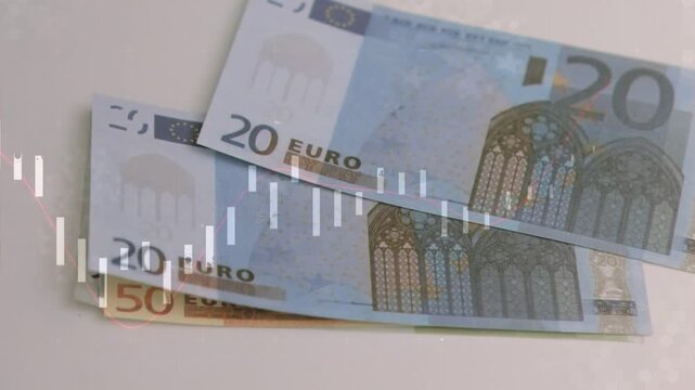 Vertical video: Candlestick chart sliding across, moving euro stack and revealing 50&euro; 500&euro; finance