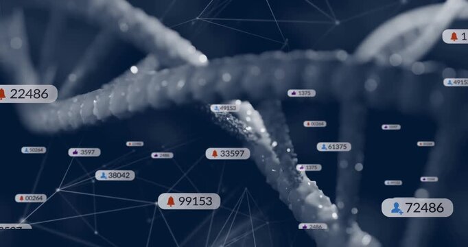 DNA helix rotating with notification bubbles appearing and highlighting numeric labels for research