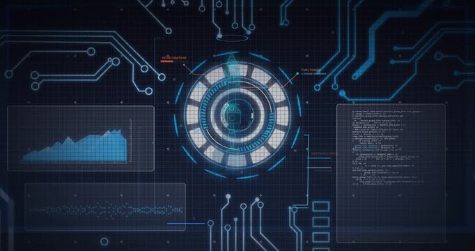 Telemetry arriving and waking center HUD, rings rotating, charts and code updating for diagnostics