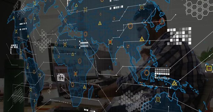 Man typing on laptop, causing map overlay with hex grids warnings tracking network data over Asia