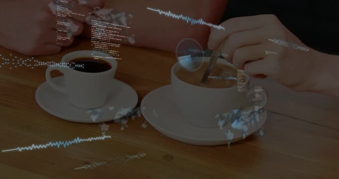 Woman picking teaspoon and stirring cup to mix milk, tech overlays floating over cups intensifying