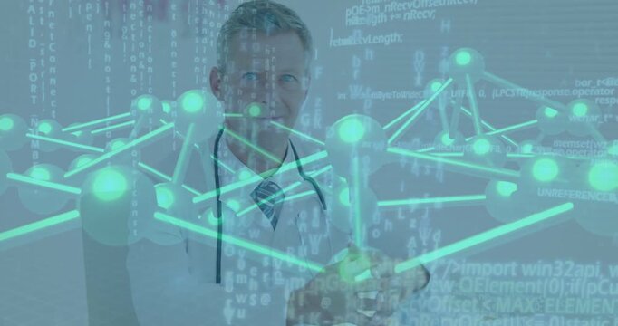 Doctor entering frame, reading chart, looking up and engaging cyan hologram to review medical data