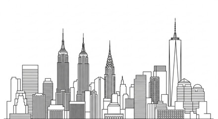 Obraz premium A black and white vector illustration of the New York City skyline featuring iconic skyscrapers