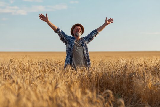 Man celebrating abundance in grain field