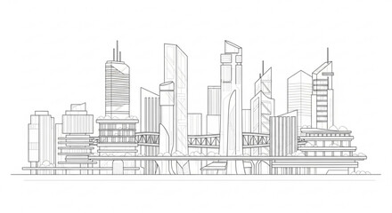 Fototapeta premium A minimalist line art illustration of a modern city skyline with sleek skyscrapers