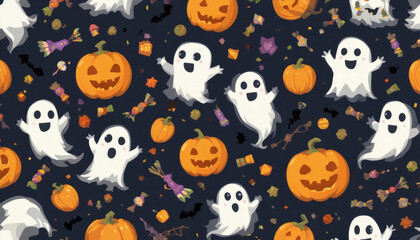 Fototapeta premium Cute halloween seamless pattern set featuring spooky cartoon monsters, pumpkins, bats, and ghosts in a fun vector illustration design for baby wallpaper