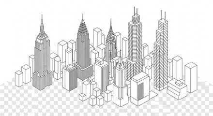 Fototapeta premium A minimalist vector illustration of a city skyline with skyscrapers and buildings on a transparent background