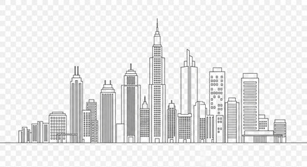 Fototapeta premium A minimalist black and white illustration of a city skyline with skyscrapers on a transparent background