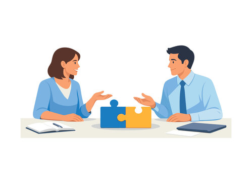 A workplace collaboration moment where two colleagues align on project goals and shared strategy during a calm professional discussion, visual metaphor of two interlocking puzzle