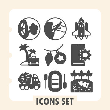 Set of nine simple vector icons featuring travel, transportation, energy and tech elements for web and mobile interfaces, enhancing user experience with clean visuals.