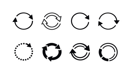 Loading refresh arrows: circular refresh arrow, double circular arrows, clockwise loop arrow, counterclockwise loop arrow, dotted loading circle arrow, segmented spinner arrows