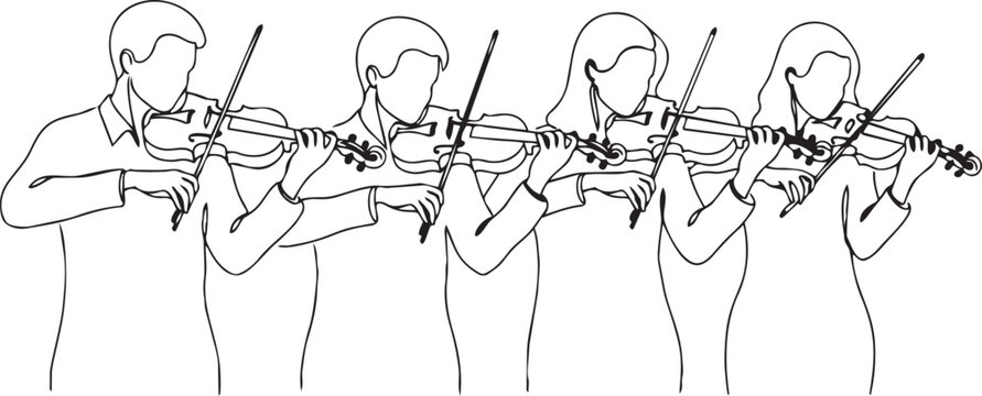 Four violinists playing instruments in unison during a musical performance