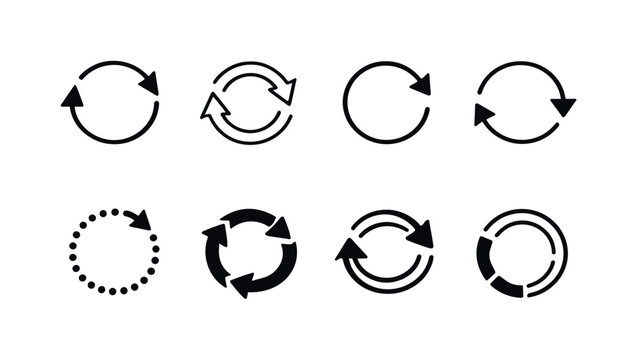 Loading refresh arrows: circular refresh arrow, double circular arrows, clockwise loop arrow, counterclockwise loop arrow, dotted loading circle arrow, segmented spinner arrows