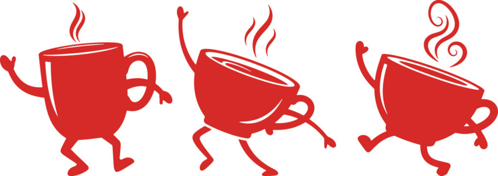 Three animated coffee cups dancing with steam rising from their tops