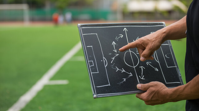 Soccer coach holding chalkboard tactics board, explaining strategy and formation during training session, highlighting teamwork, planning, and game analysis.