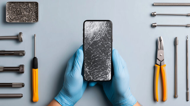 Technician holding cracked smartphone with repair tools, showcasing device damage, maintenance, and professional phone repair service concept.