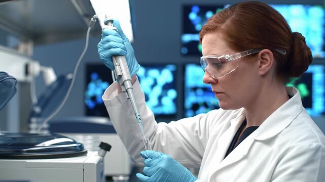 Focused scientist in white lab coat and blue gloves precisely transfers clear liquid with a micropipette into a test tube in an ultra-modern biotech lab with chrome surfaces and digital screens,