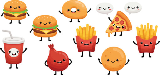 Obraz premium Cartoon fast food characters with smiling faces and arms and legs