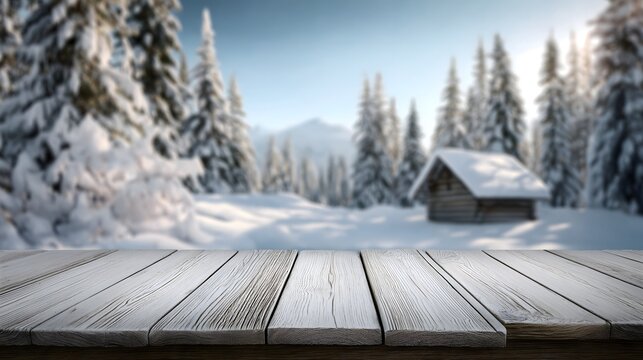 Rustic white washed wooden surface with snowy trees in background