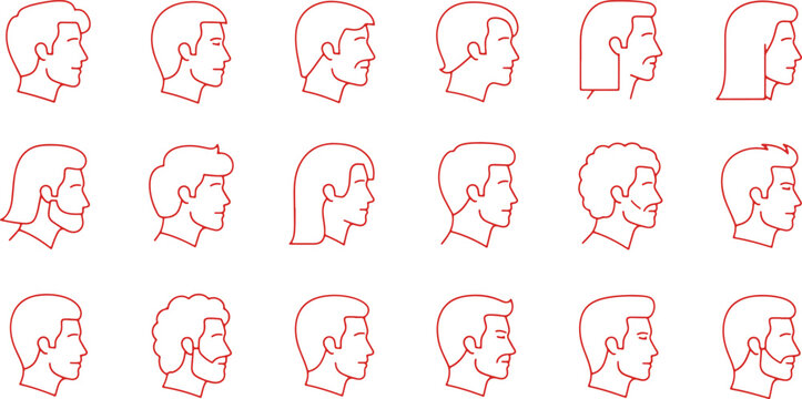 Varied profile sketches of human heads in different hairstyles and facial features