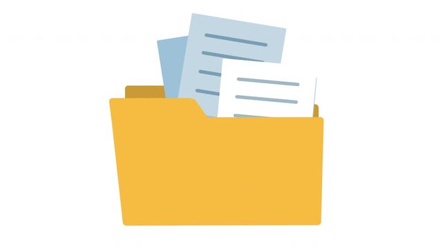 Animated flat design folder with popping out documents on transparent background.