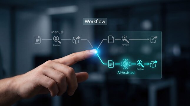AI skills gap - Hand adjusting a digital workflow line from manual to AI-assisted process, featuring icons for document, AI, review, and output in a medium close-up shot.