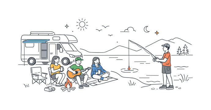 Outdoor leisure travel scene where a small group of campers relax beside a lake after arriving in a camper van while one person fishes from the shore, a camper van and a fishing